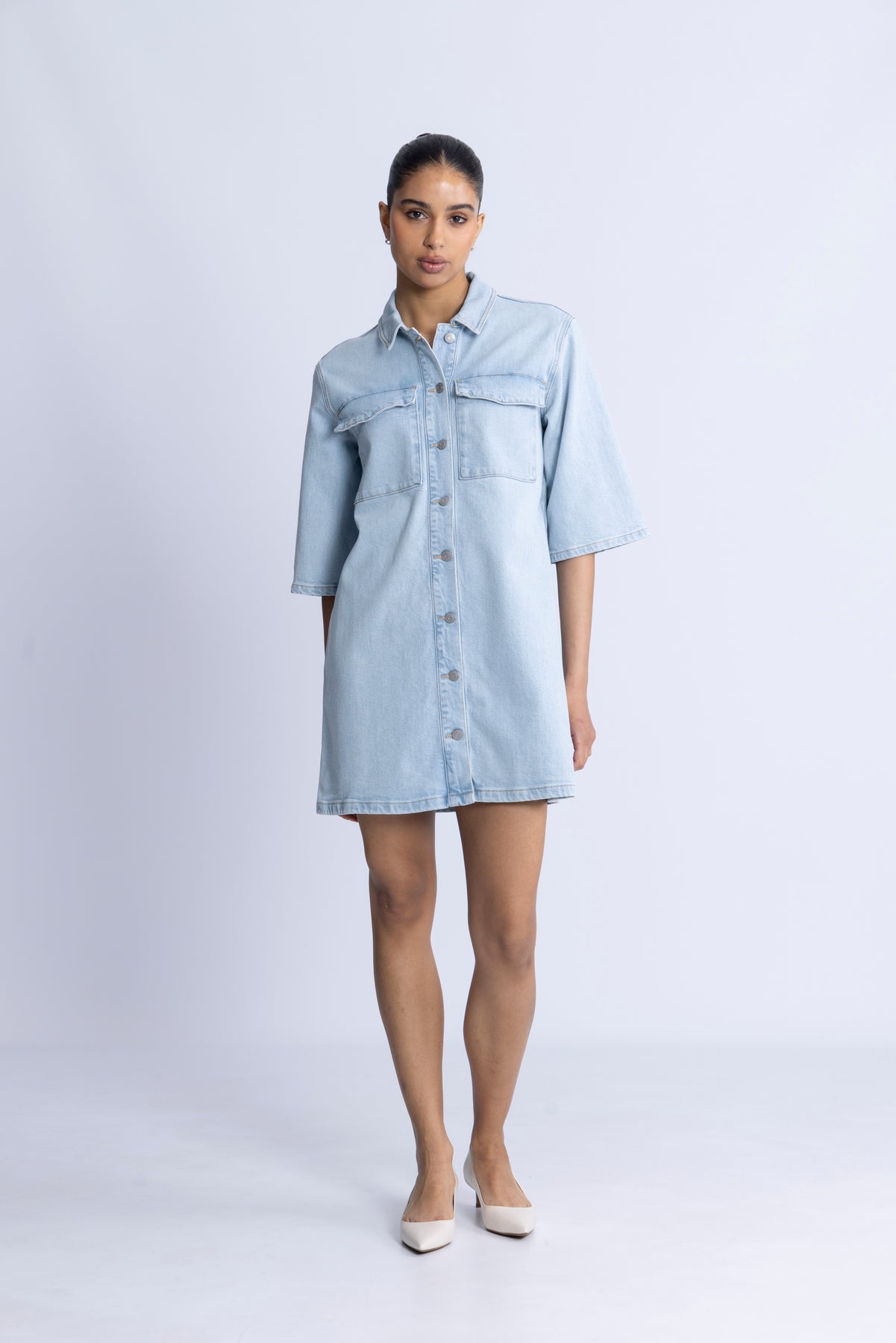 Harper Sky Blue Short Dress - Light Blue Denim
