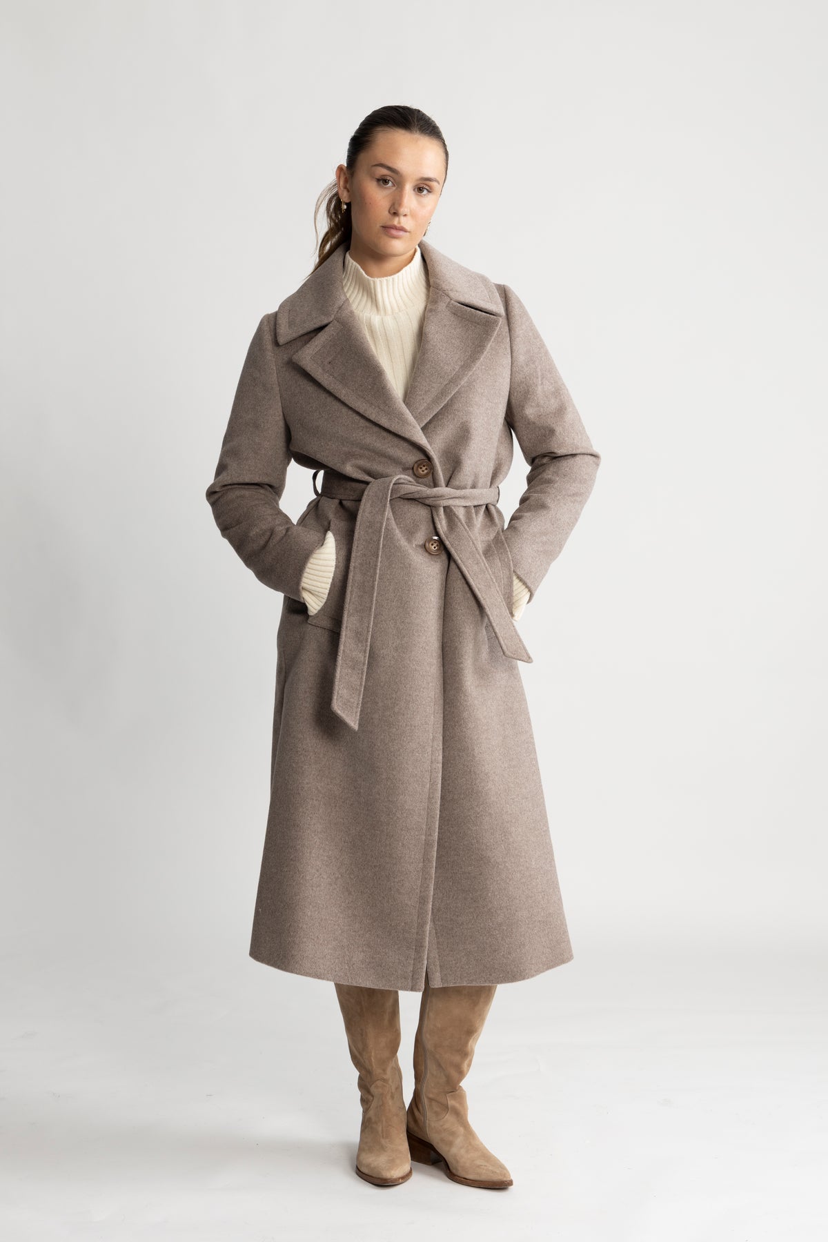 Cashmere Coat W Clareta Belt Long - Mink Beige