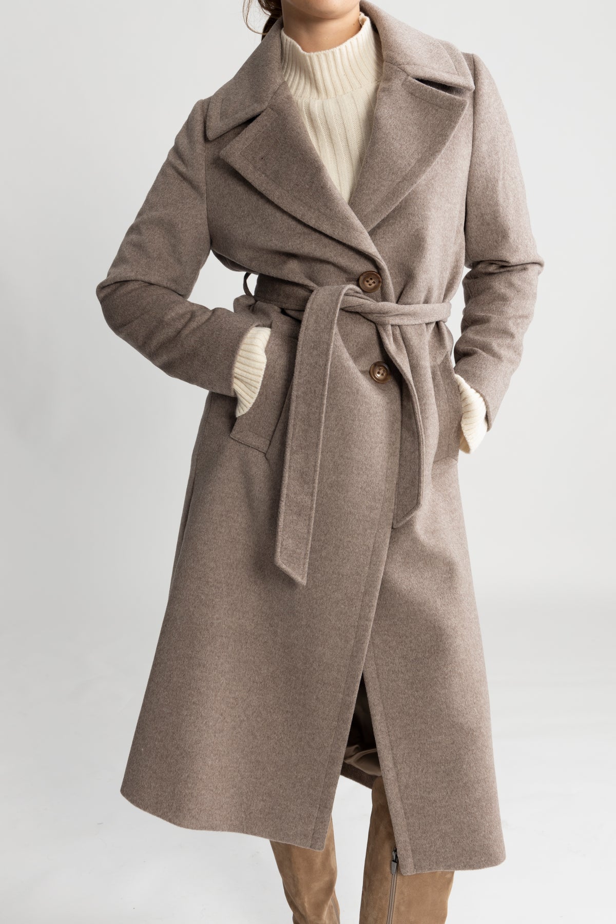 Cashmere Coat W Clareta Belt Long - Mink Beige