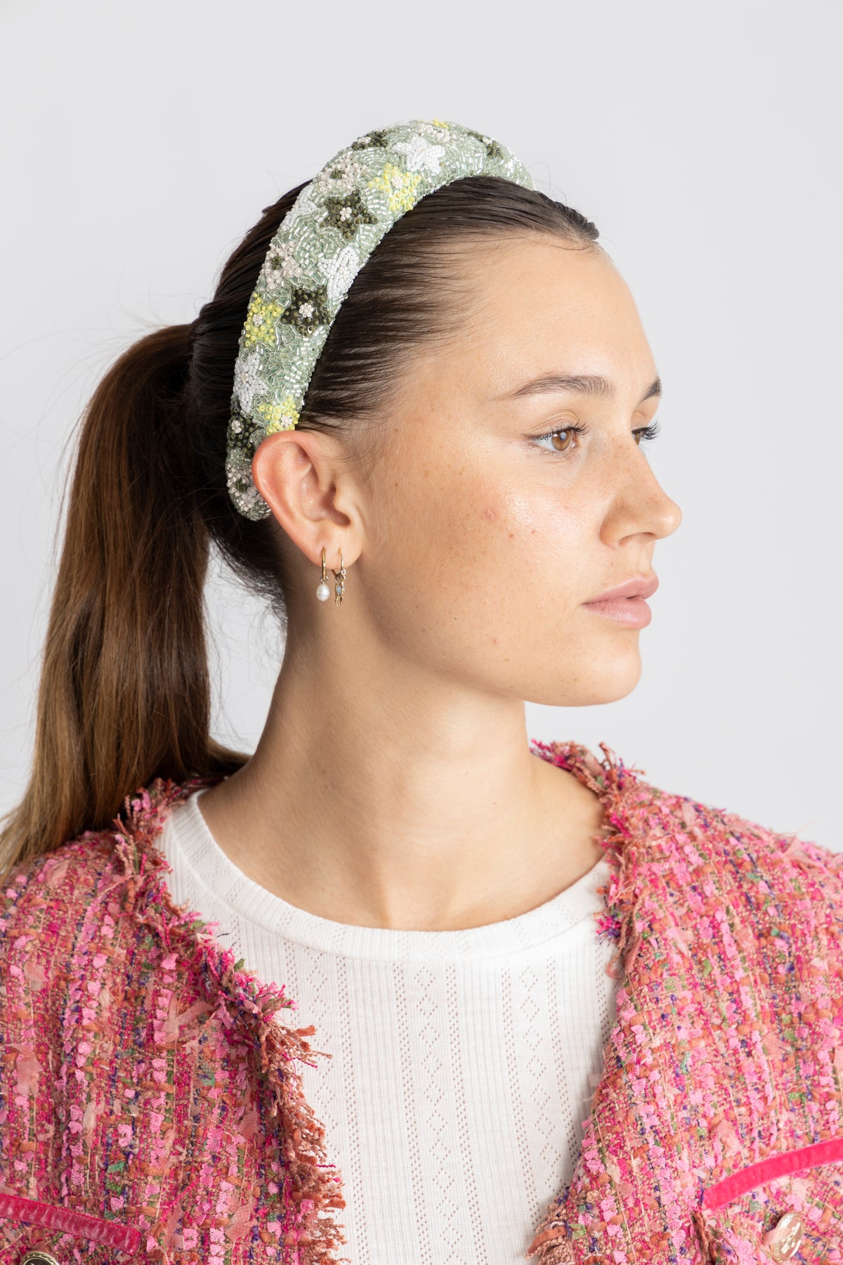 Olina Wide Beaded Hairbrace - Sage Green