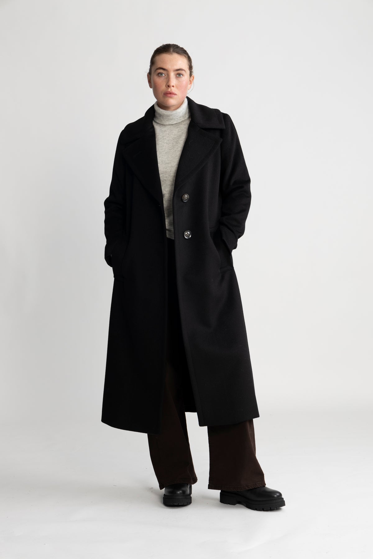Cashmere Coat W Clareta Belt Long - Svart