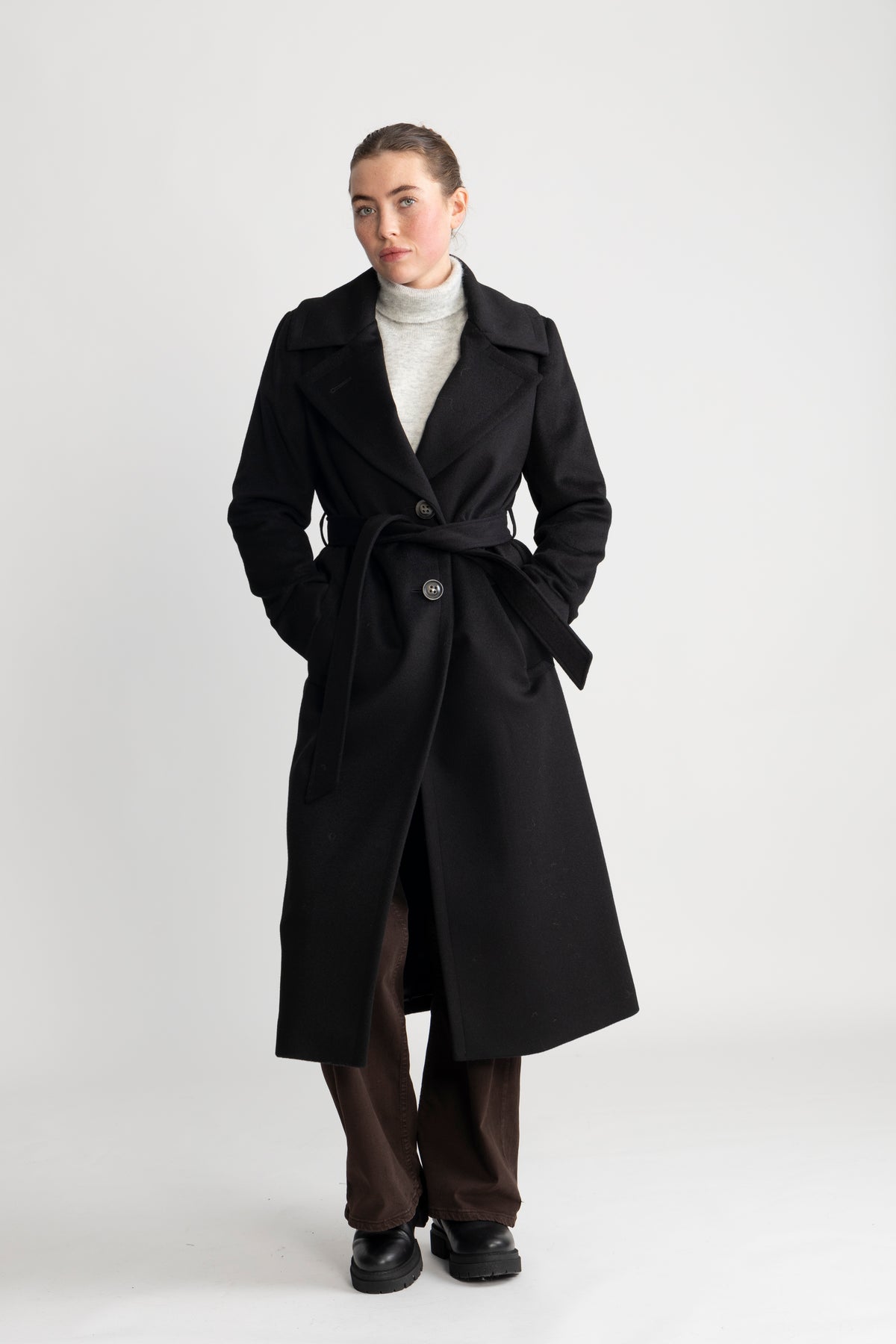 Cashmere Coat W Clareta Belt Long - Svart