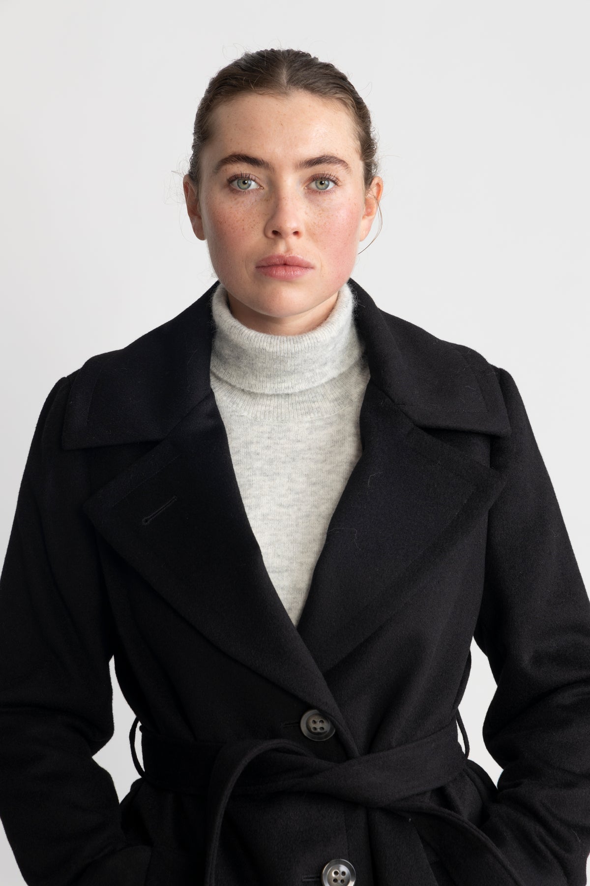 Cashmere Coat W Clareta Belt Long - Svart