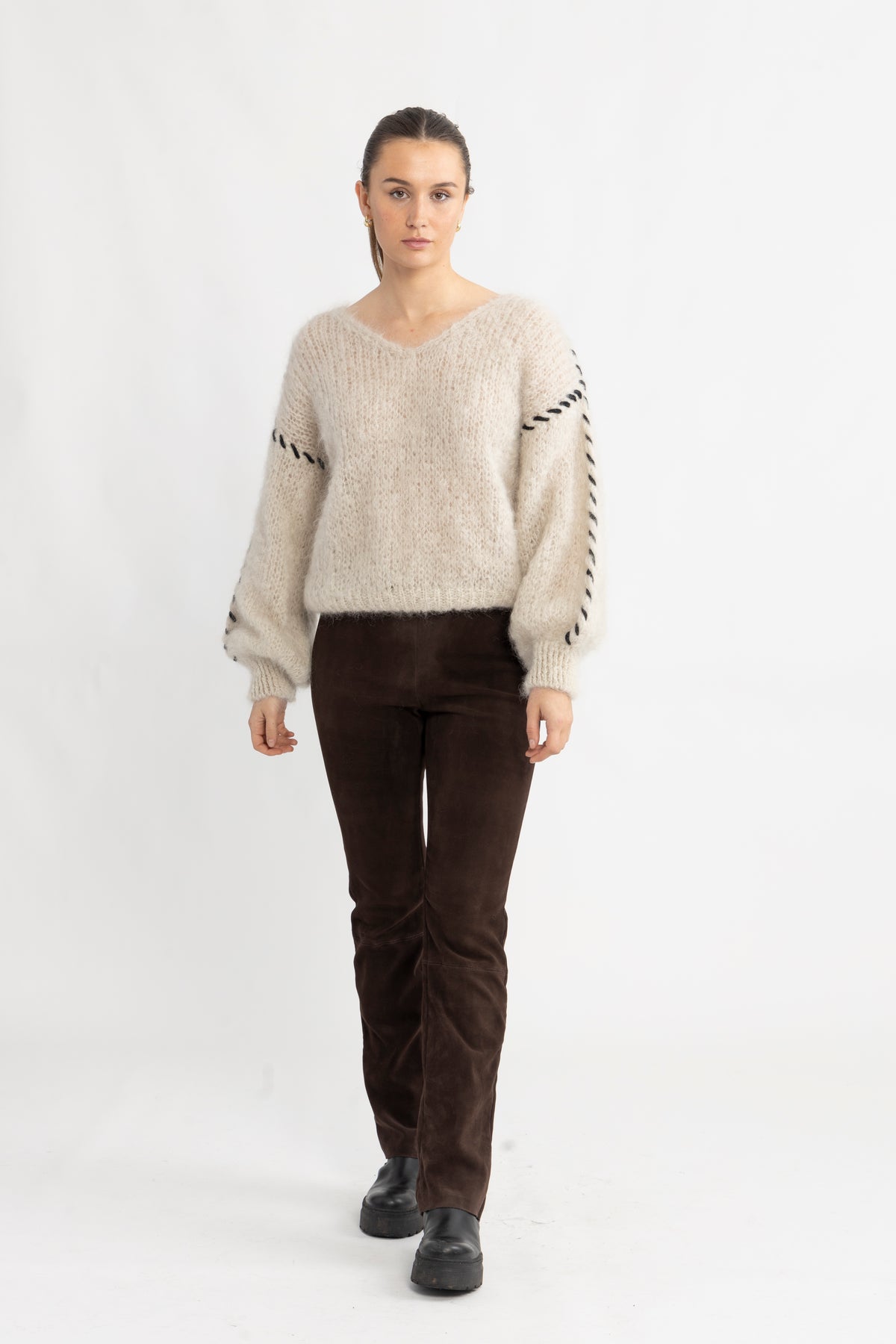 Milana Ls Mohair Knit Stitching - Beige