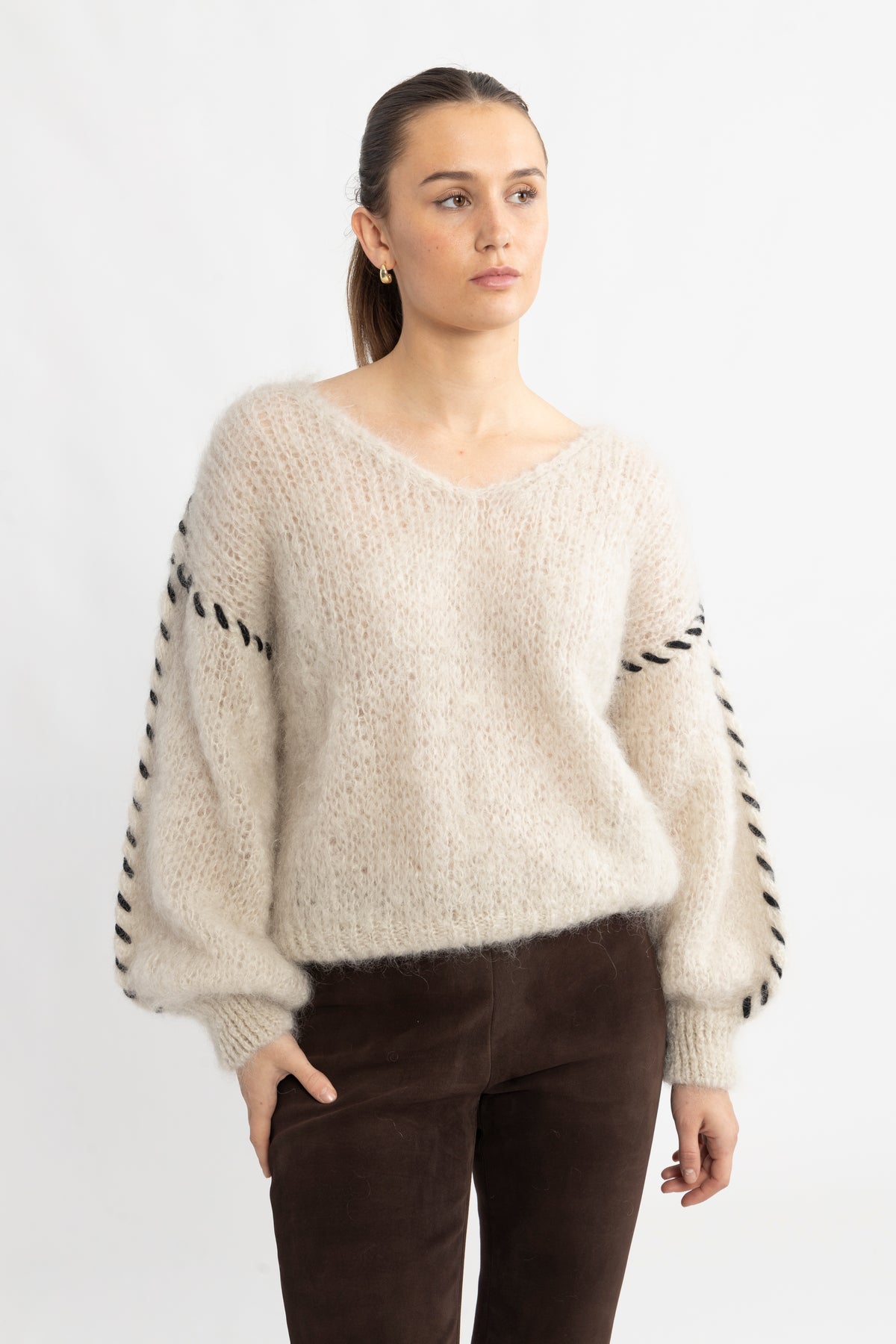 Milana Ls Mohair Knit Stitching - Beige