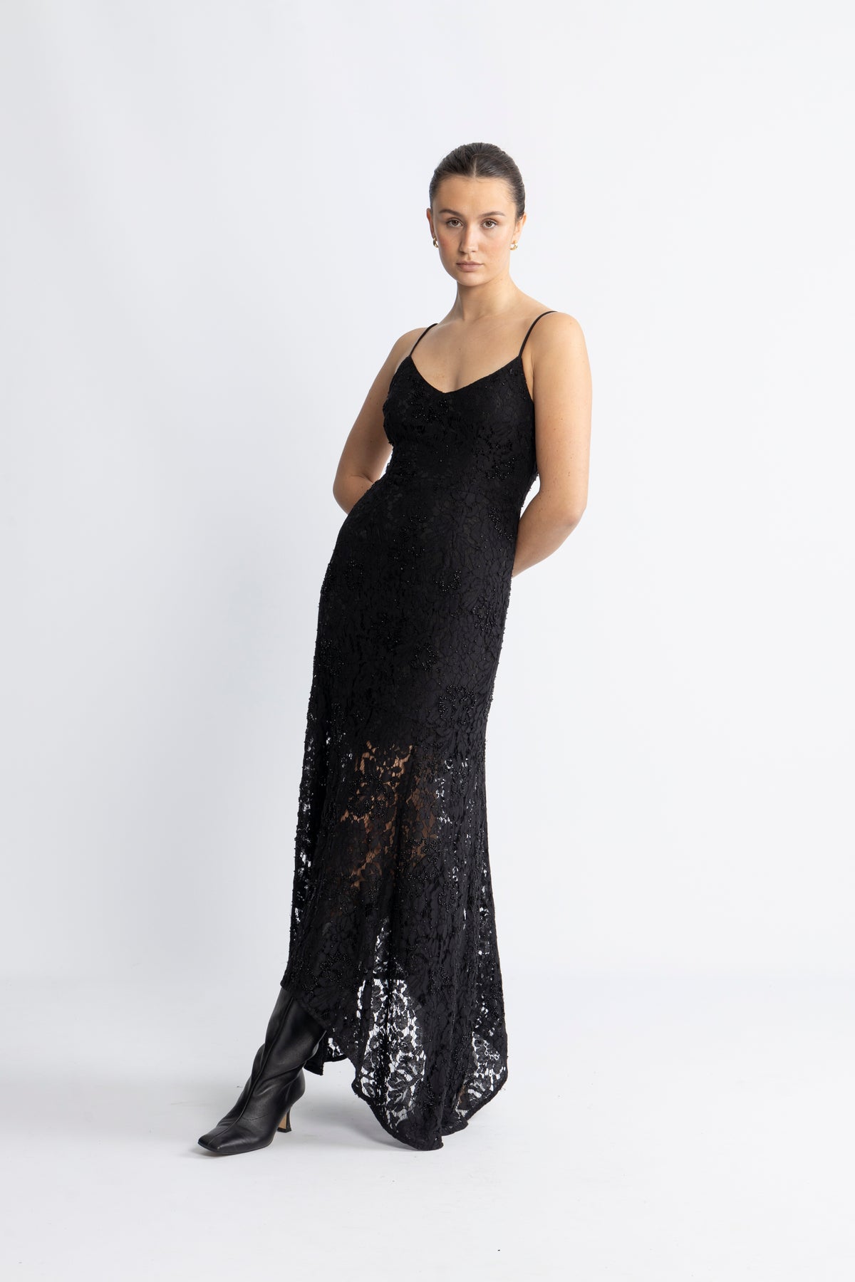 Deora Strap Beaded Lace Ankle Dress B - Black