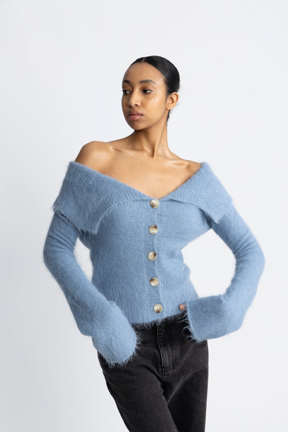 Off Shoulder Cardigan - Blue