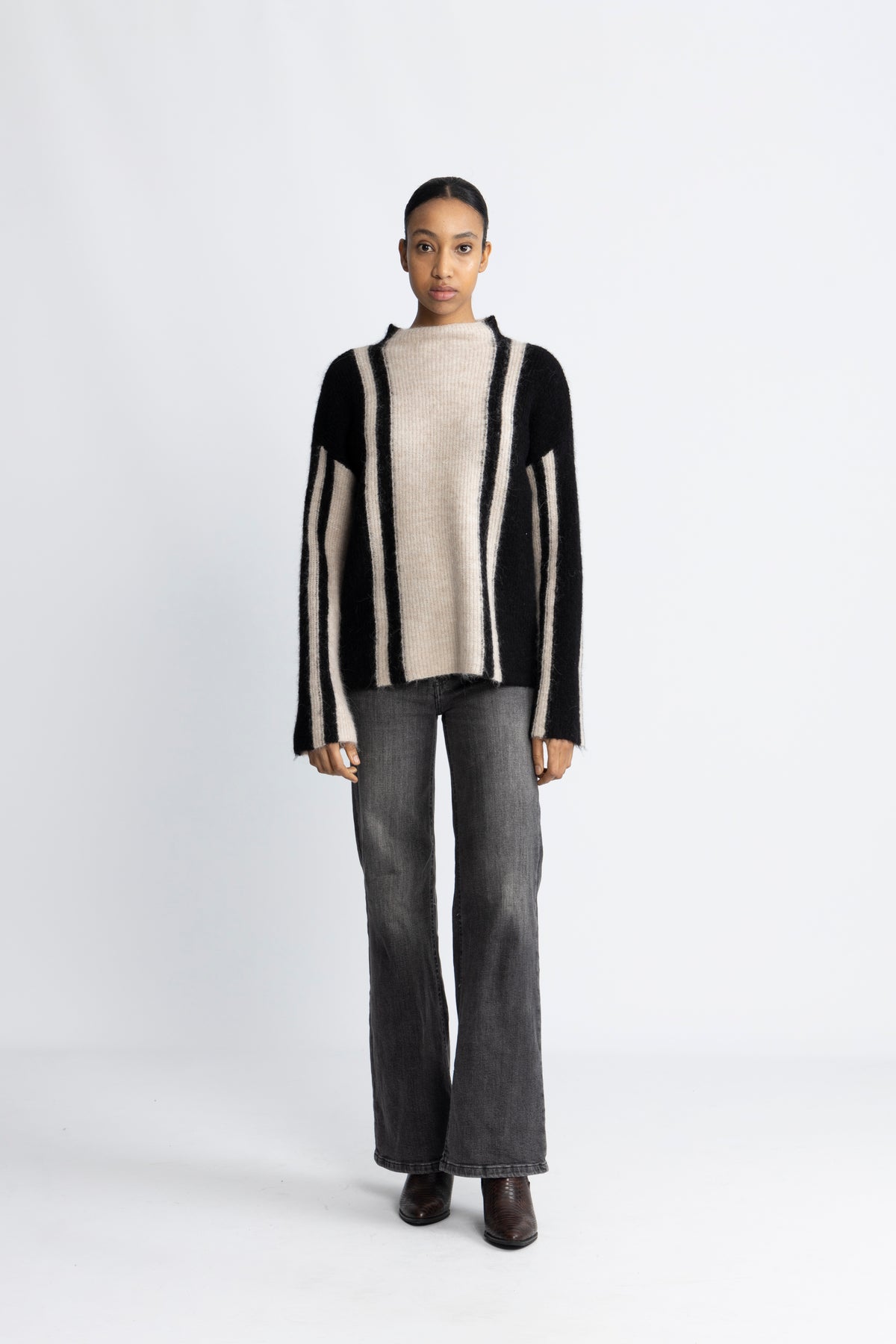 Lulu Ls Knit Vertical High Neck - Birch Black