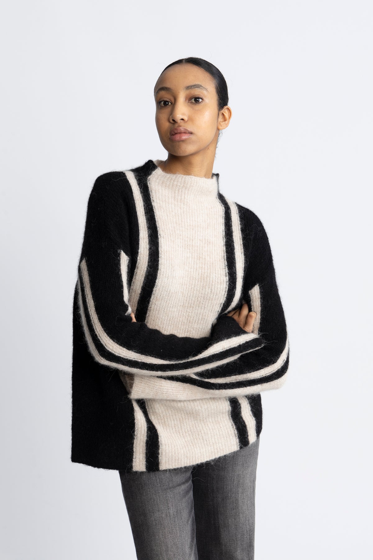 Lulu Ls Knit Vertical High Neck - Birch Black