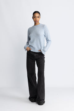 Lulu Ls Knit Frill Cuff O-Neck Noos - Cashmere Blue Melange