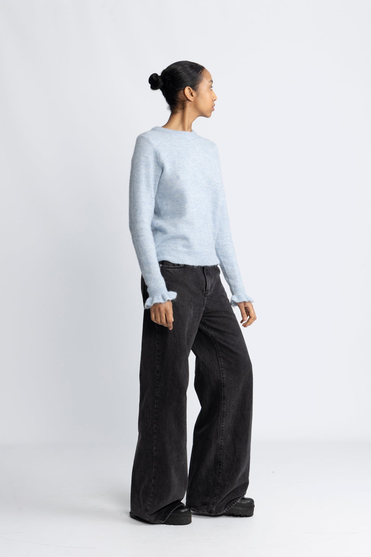 Lulu Ls Knit Frill Cuff O-Neck Noos - Cashmere Blue Melange