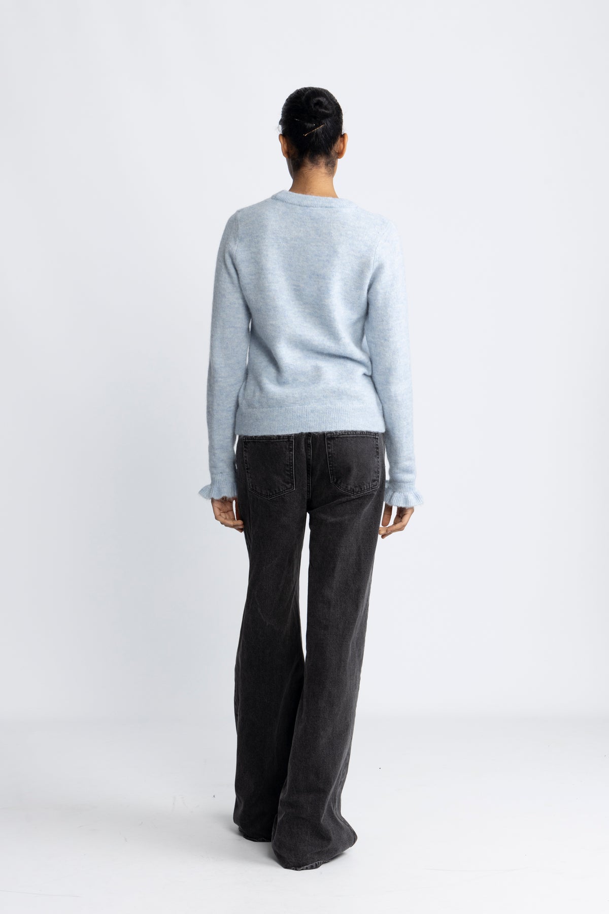 Lulu Ls Knit Frill Cuff O-Neck Noos - Cashmere Blue Melange