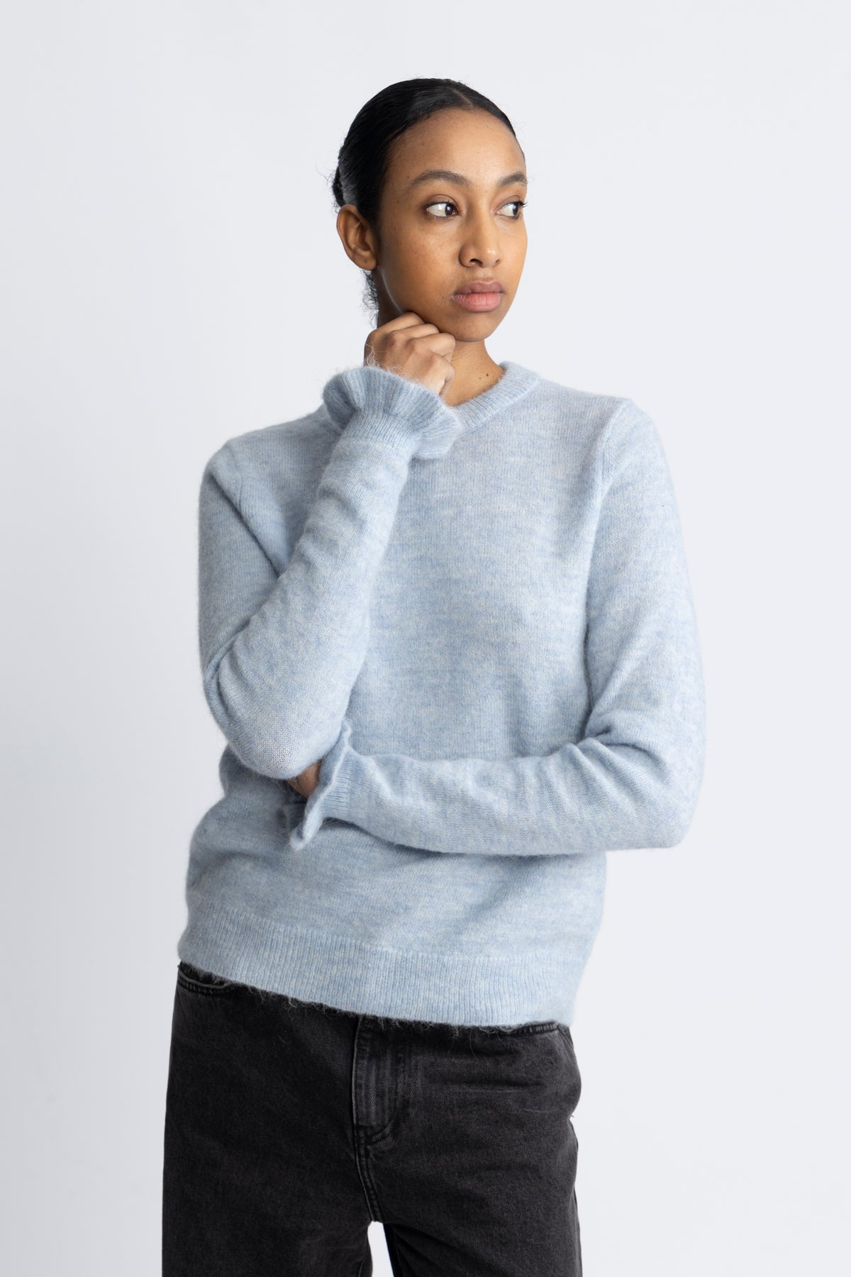 Lulu Ls Knit Frill Cuff O-Neck Noos - Cashmere Blue Melange