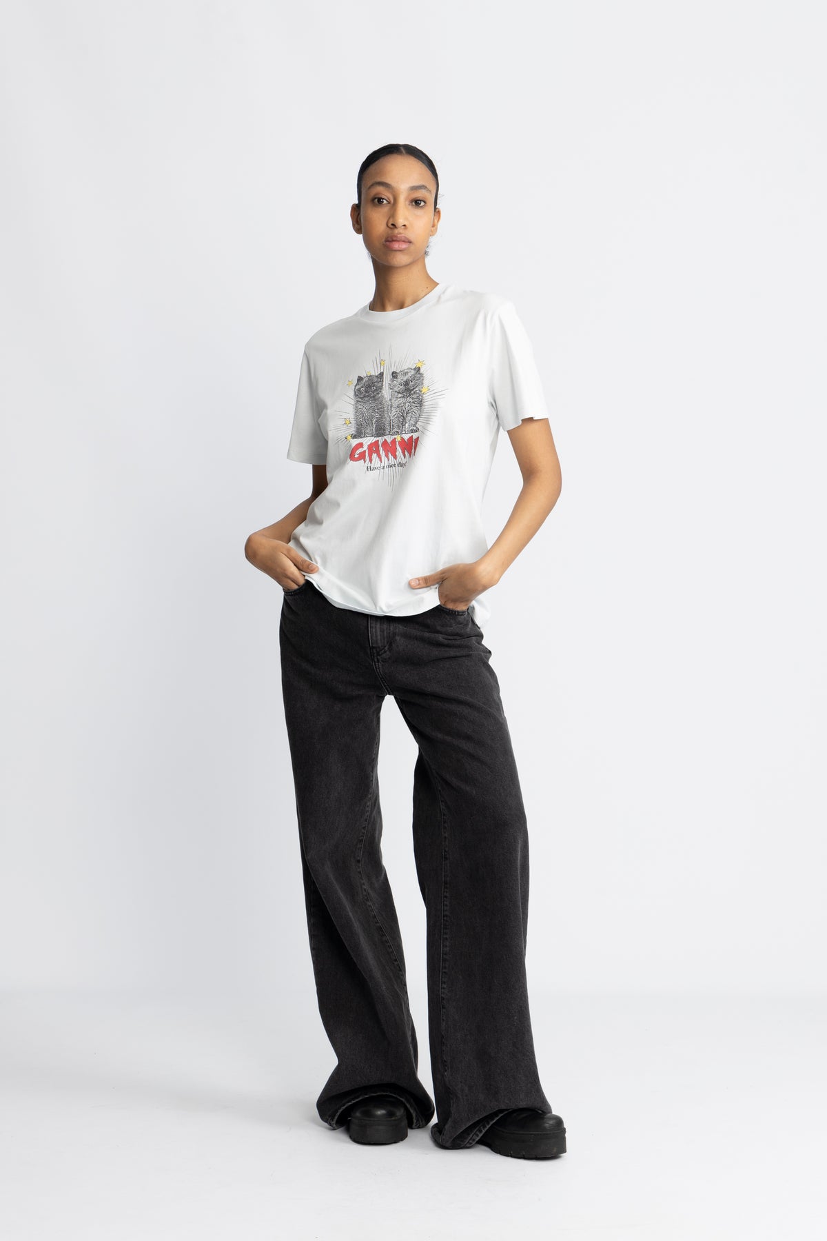 GANNI Basic Jersey Kittens Relaxed T-Shirt - Illusion Blue