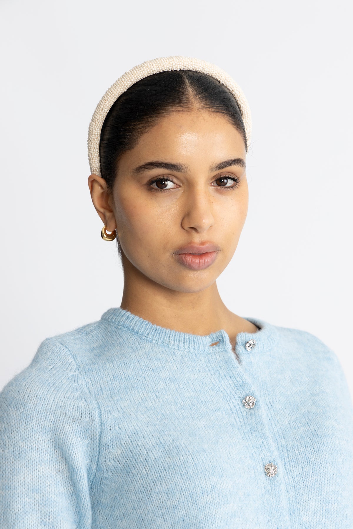 Solid Slim Beaded Diadem - Birch White