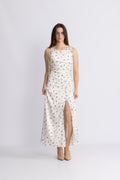 GANNI Printed Satin Gathered Long Dress - Egret