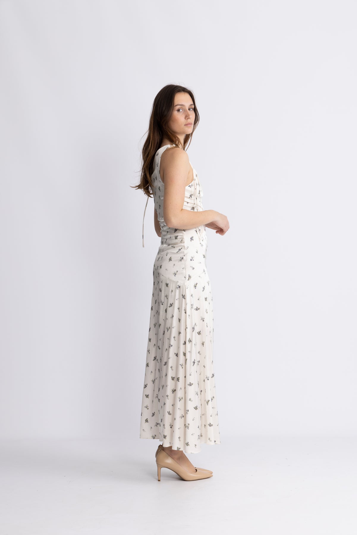 GANNI Printed Satin Gathered Long Dress - Egret