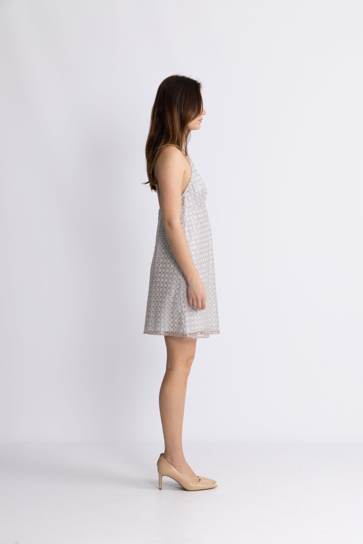 Beaded A-Line Mini Dress - Doeskin (Beige)