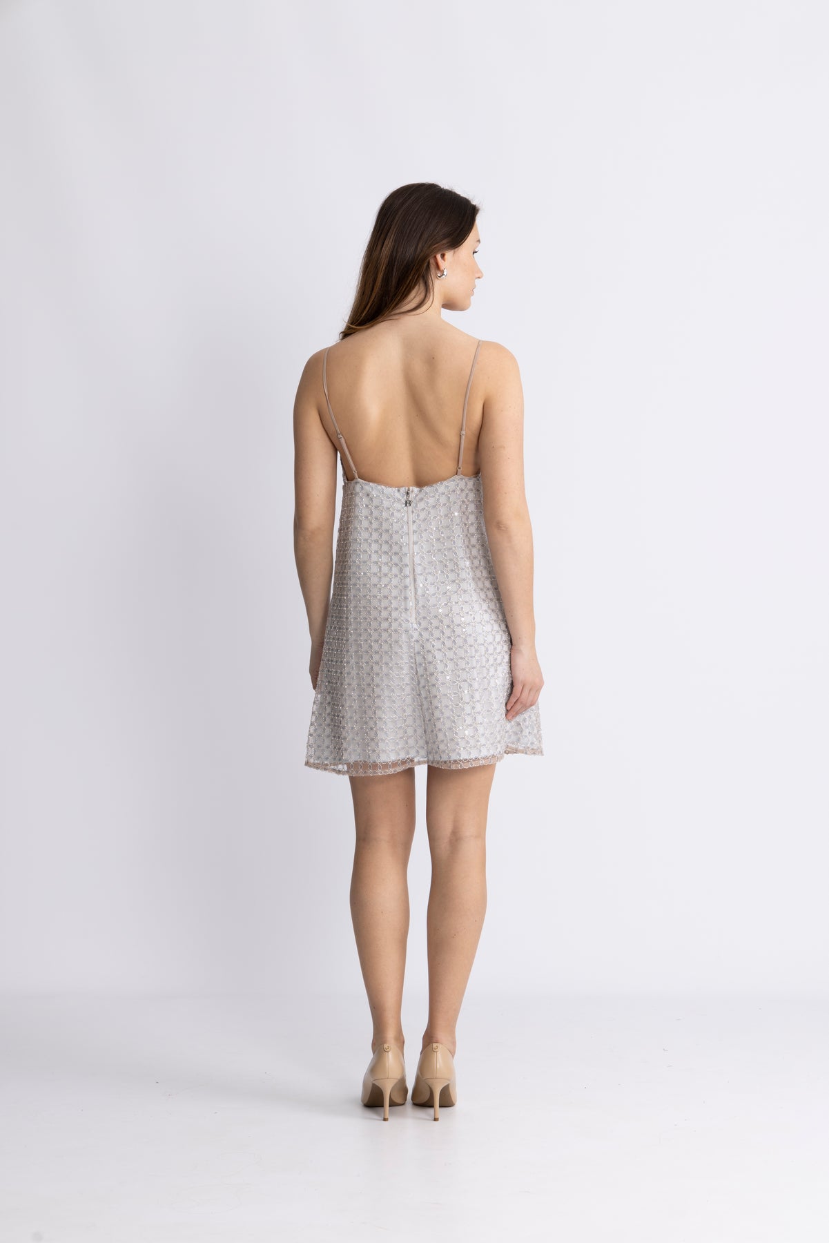 Beaded A-Line Mini Dress - Doeskin (Beige)