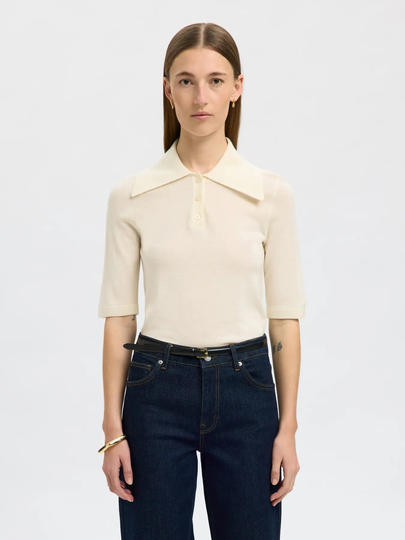 Thea 2/4 Knit Merino Collar Neck - Snow White