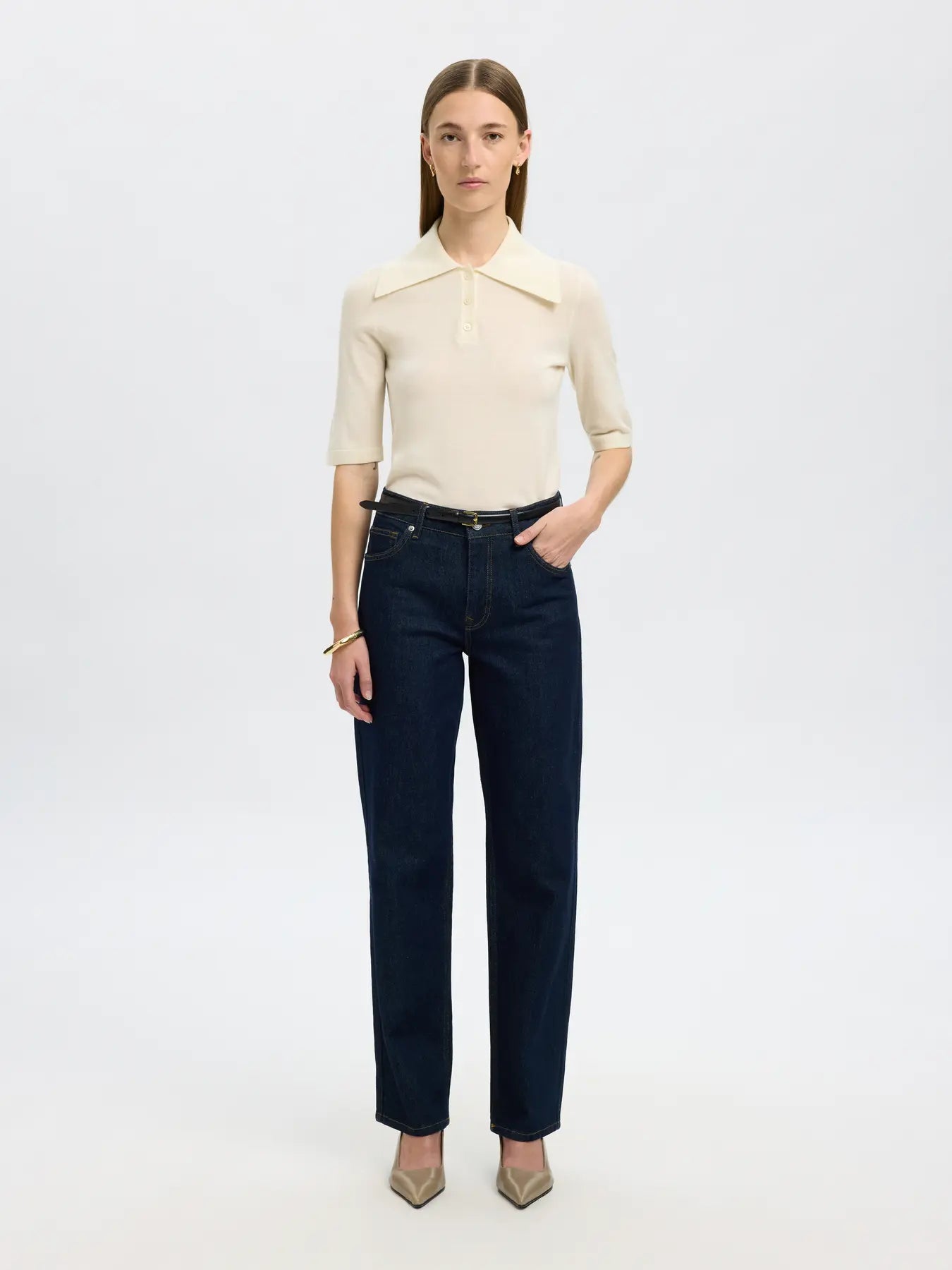 Thea 2/4 Knit Merino Collar Neck - Snow White
