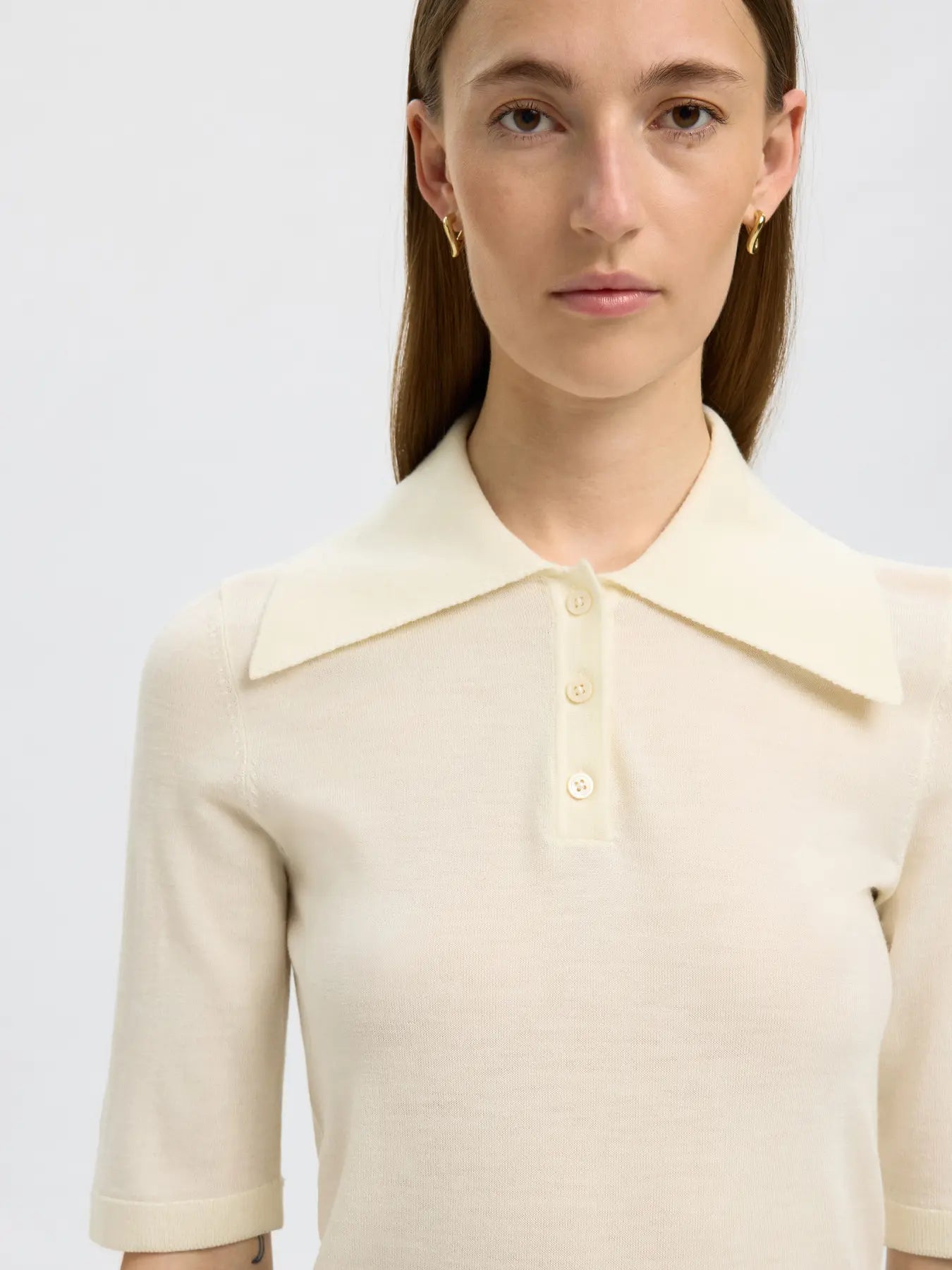 Thea 2/4 Knit Merino Collar Neck - Snow White