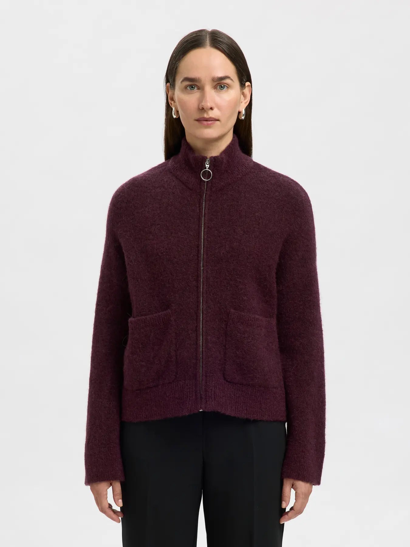 Sia Ras Ls Knit Zipper Kofta - Fig Melange