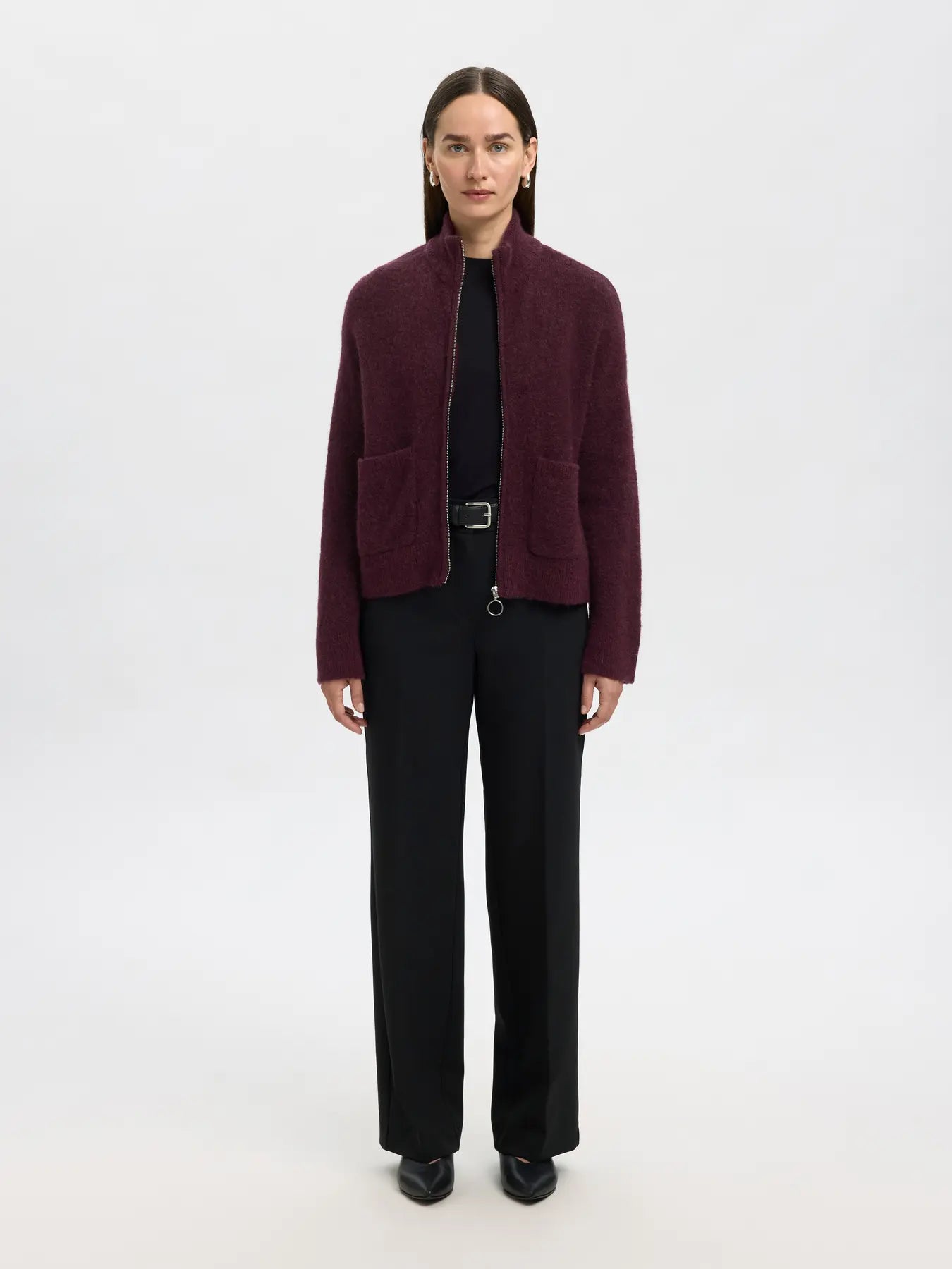 Sia Ras Ls Knit Zipper Kofta - Fig Melange