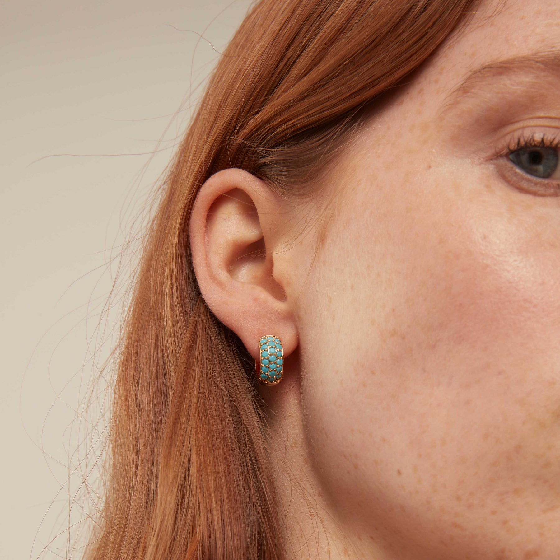 Pave Encrusted Domed Hoops Turquoise - Turquoise