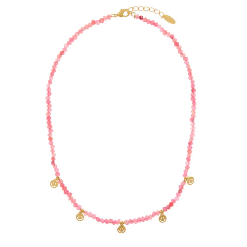 Fuchsia Bead & Smiley Charm Necklace - Fuchsia