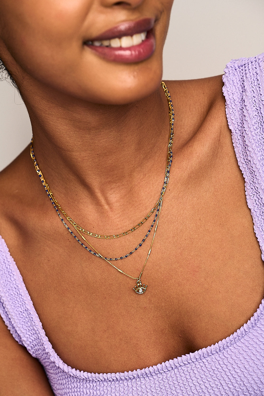 Lapis Bead & Evil Eye Multi Row Necklace - Lapis