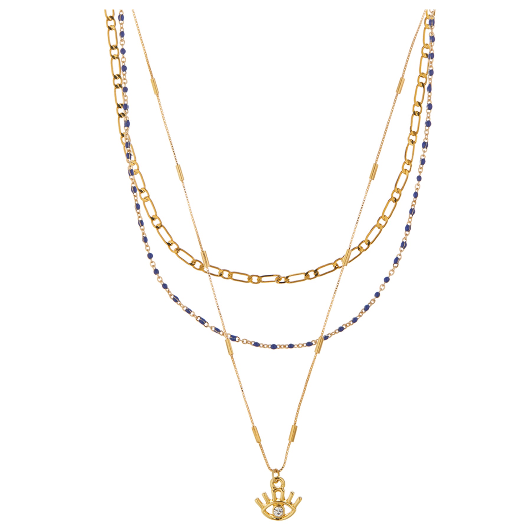 Lapis Bead & Evil Eye Multi Row Necklace - Lapis