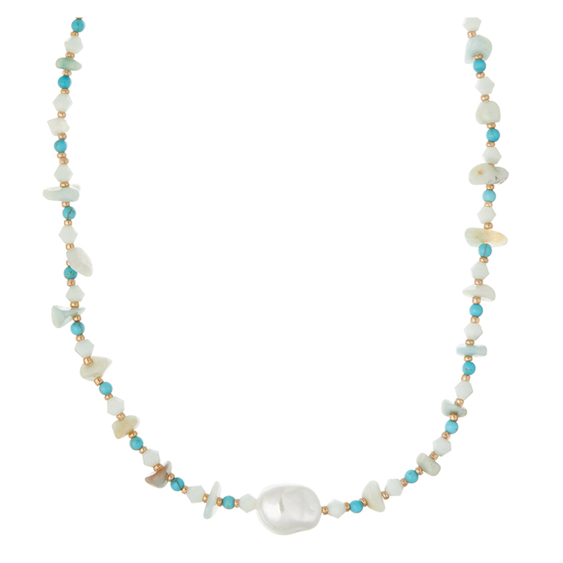 Turquoise Chip & Stationed Pearl Necklace - Turquoise