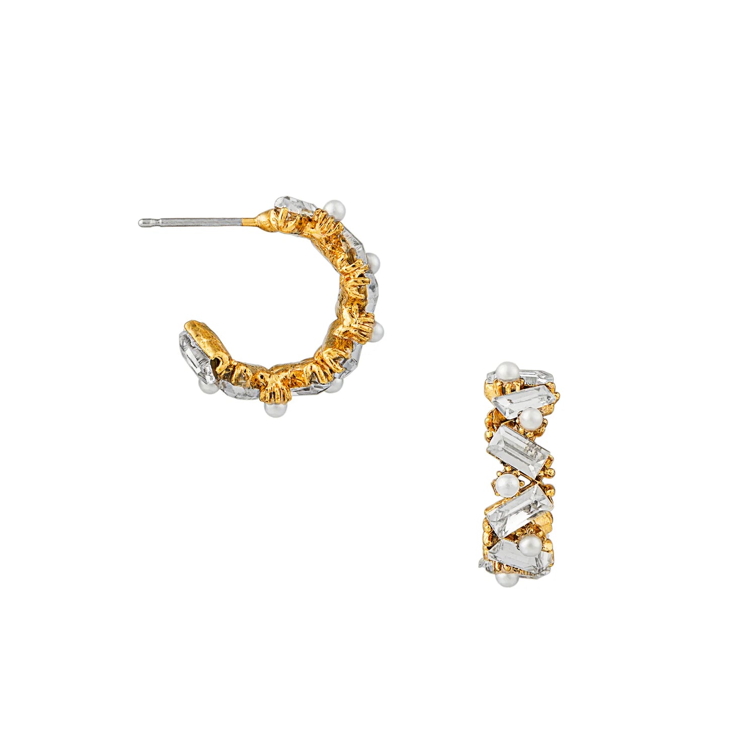 Crystal Baguette & Pearl Mid Size Hoop - Pale Gold
