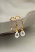 Fine Pave Peardrop Pearl Mid Size Hoop - Pale Gold