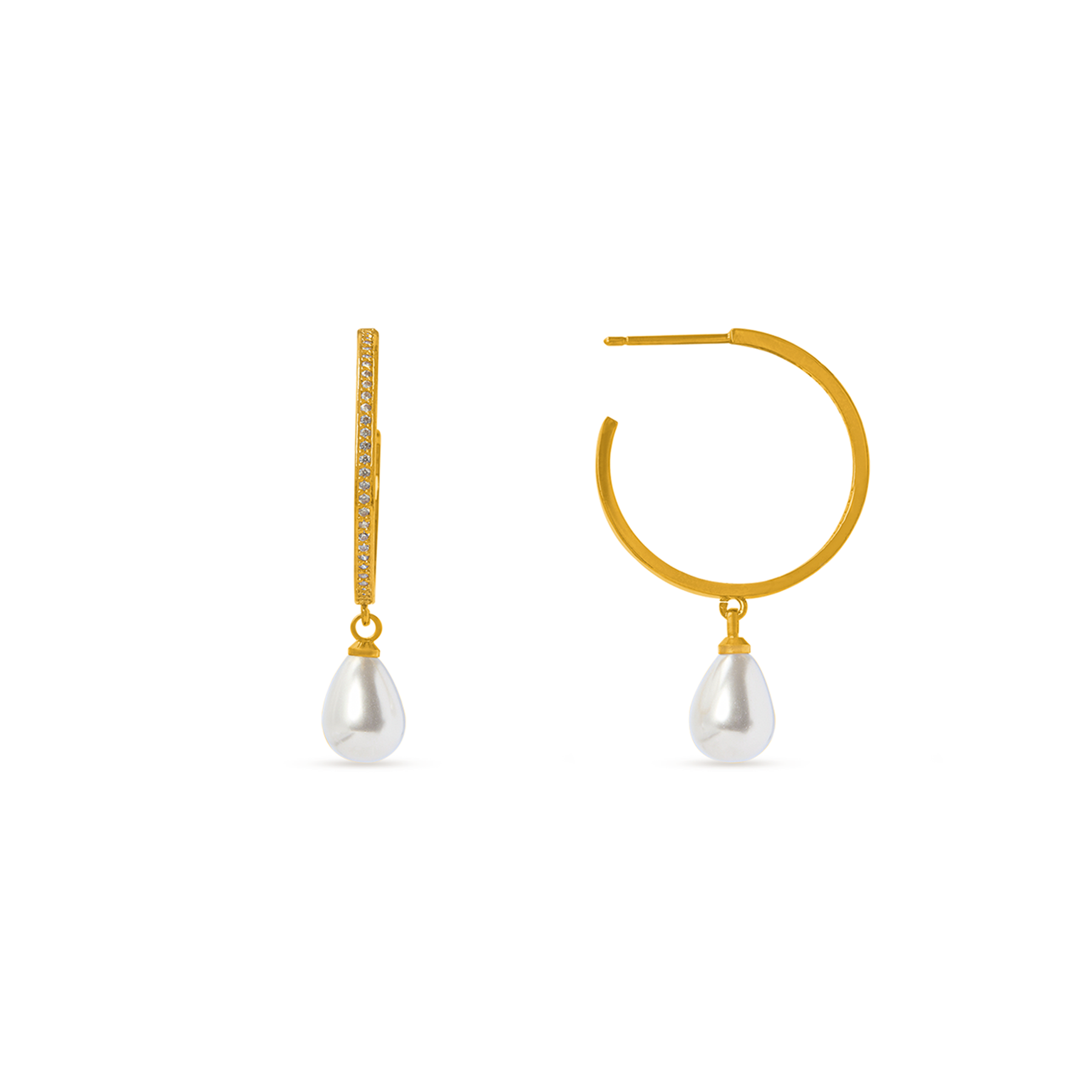 Fine Pave Peardrop Pearl Mid Size Hoop - Pale Gold