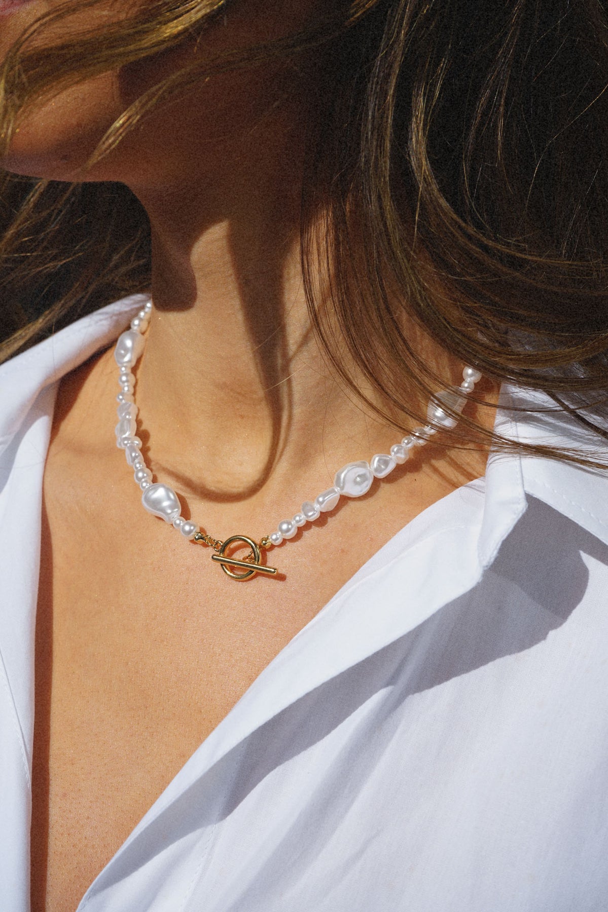 Statement Organic Mixed Pearl T-Bar Necklace - Pale Gold
