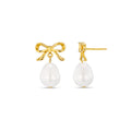 Metal Bow & Pearl Drop Örhängen - Pale Gold