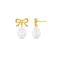 Metal Bow & Pearl Drop Earring - Pale Gold