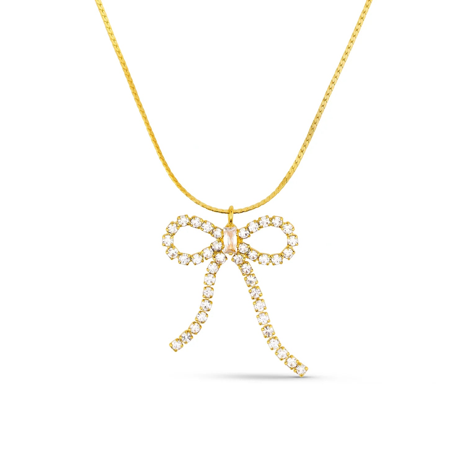 Crystal Bow Drop Necklace - Pale Gold