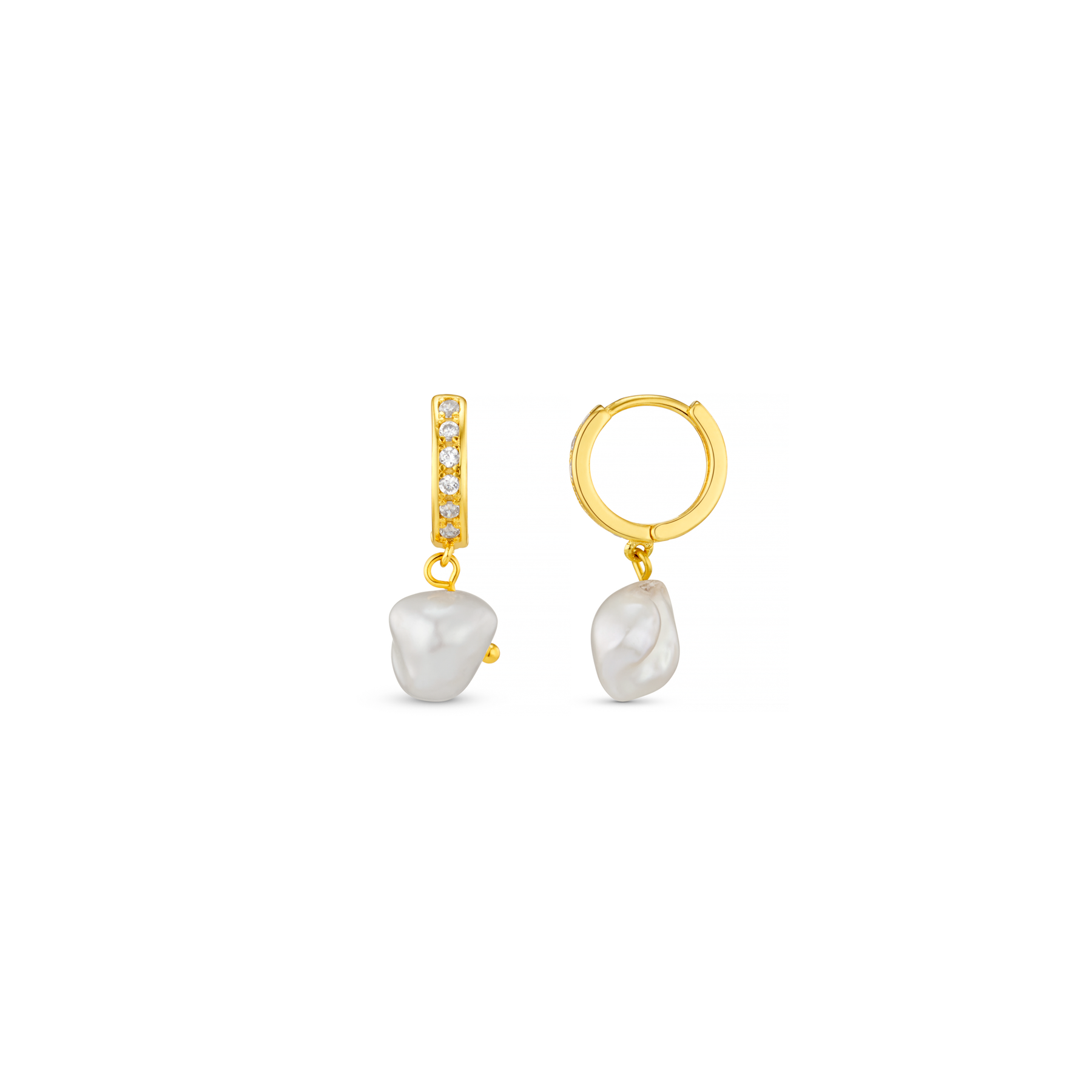 Pave & Organic Pearl Drop Hoops - Pale Gold