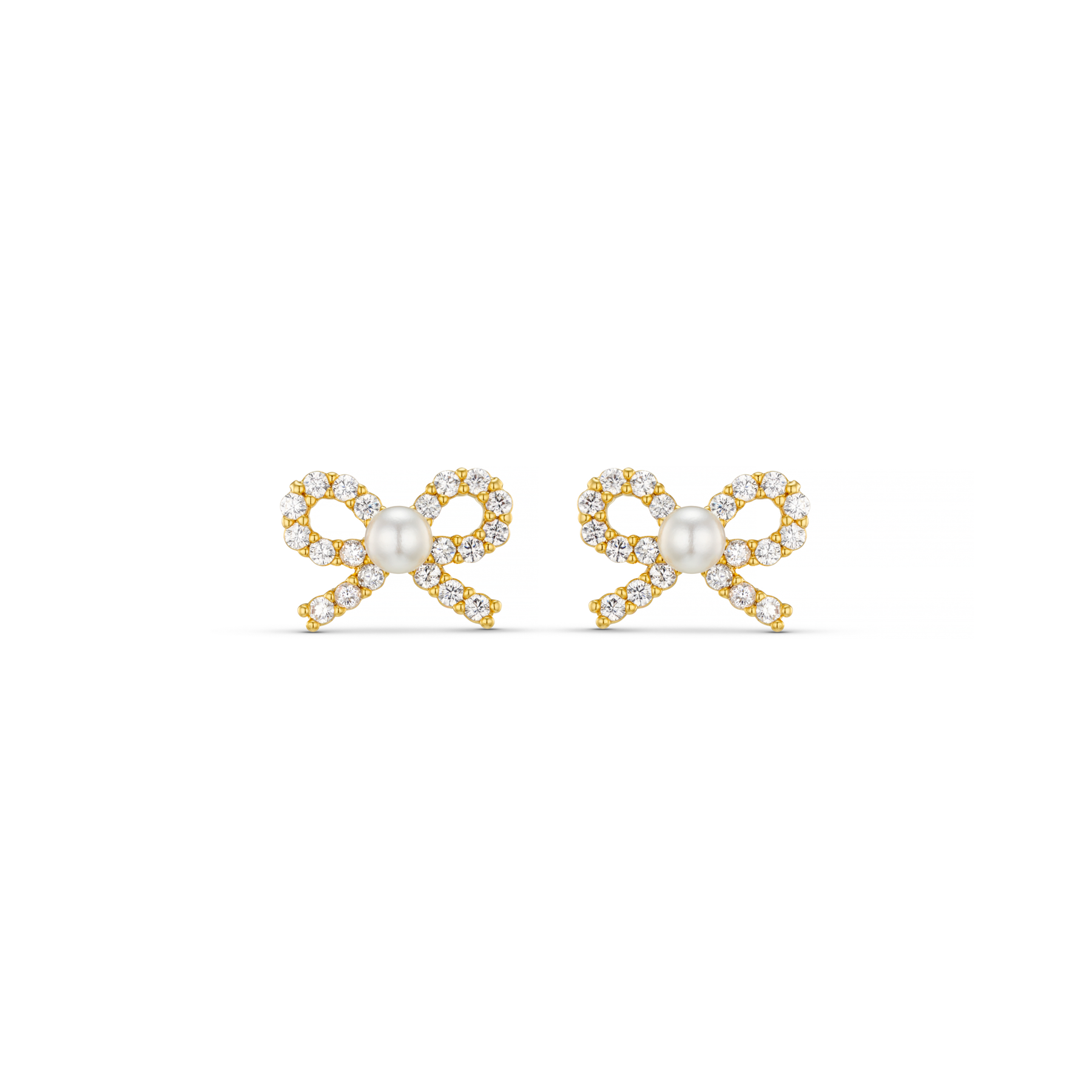 Pearl & Crystal Bow Stud Earrings - Pale Gold