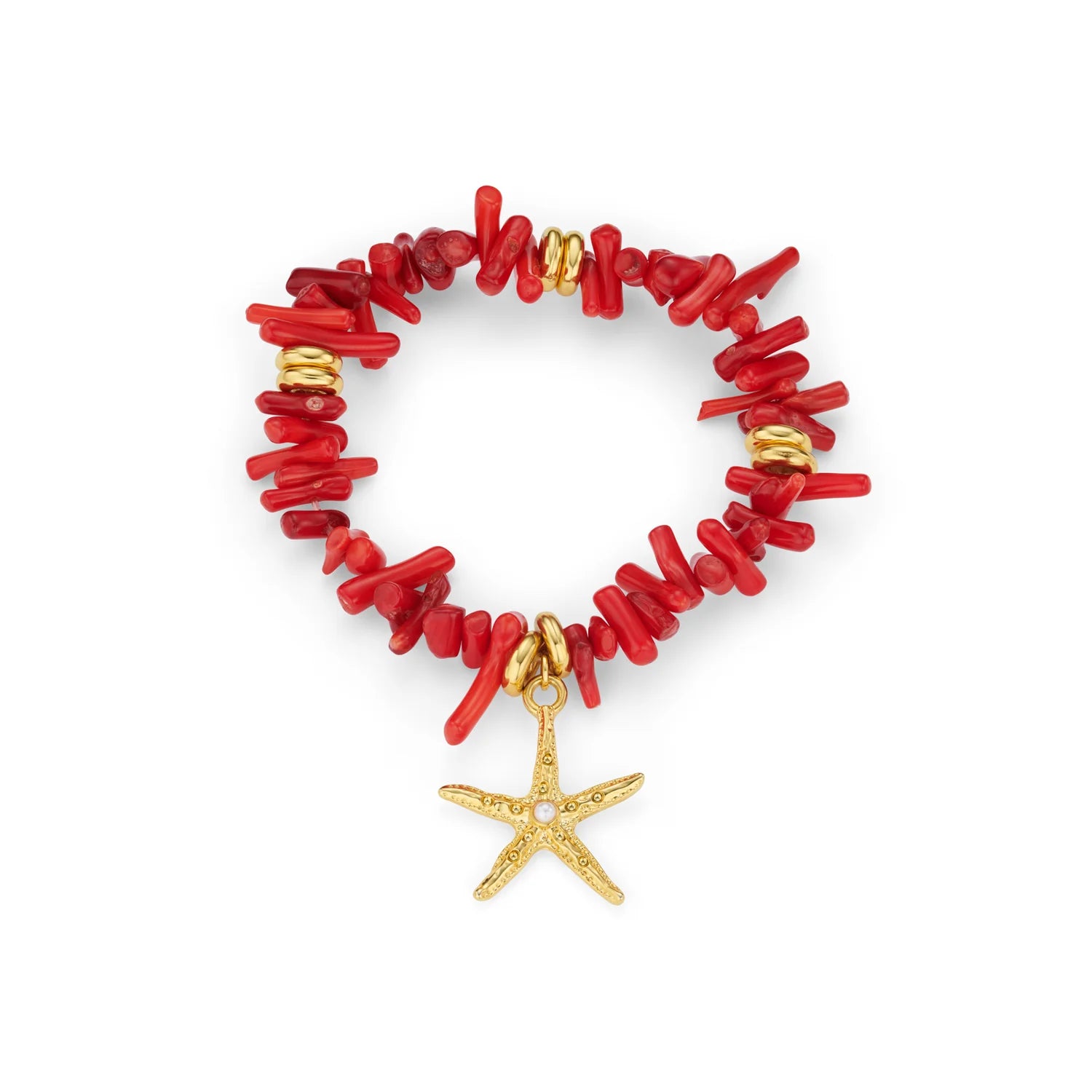 Red Coral Chip & Starfish Bracelet - Pale Gold