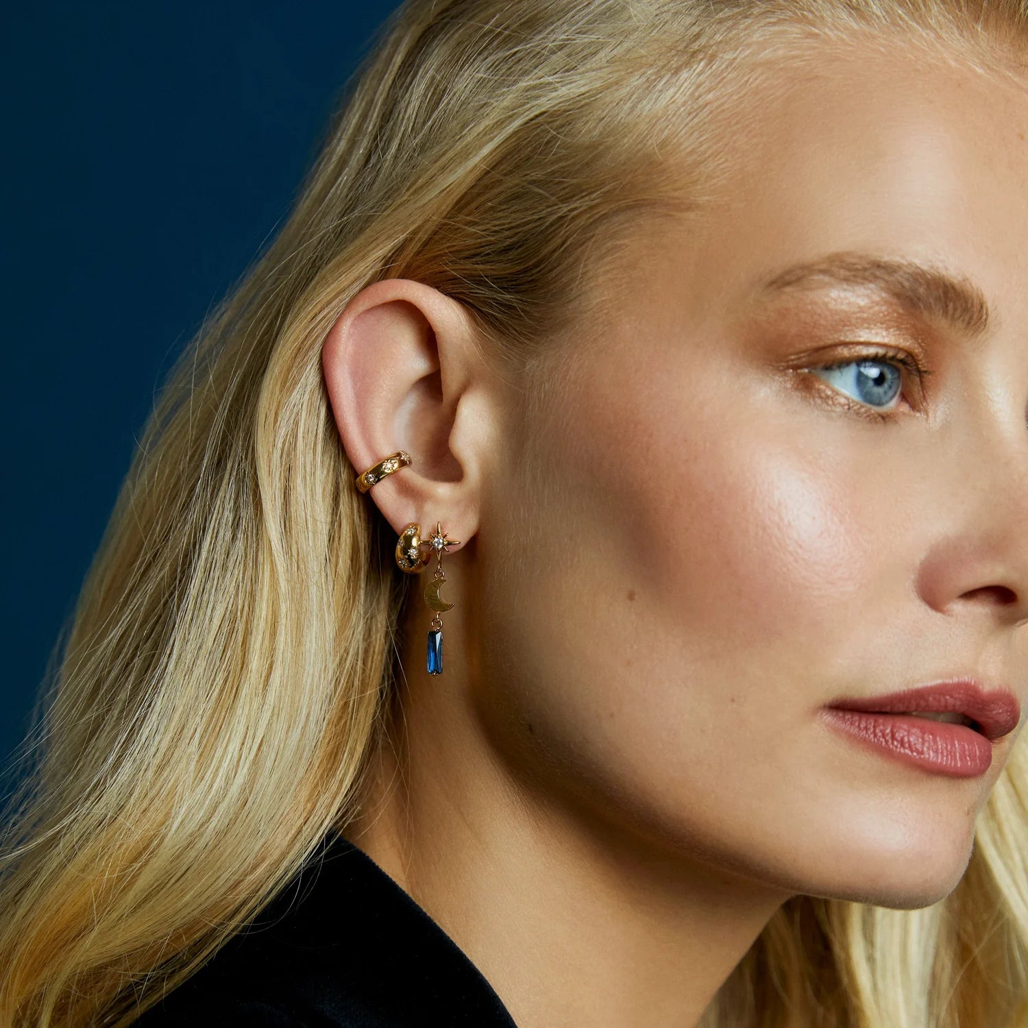 Starburst, Moon & Baguette Drop Earring - Pale Gold