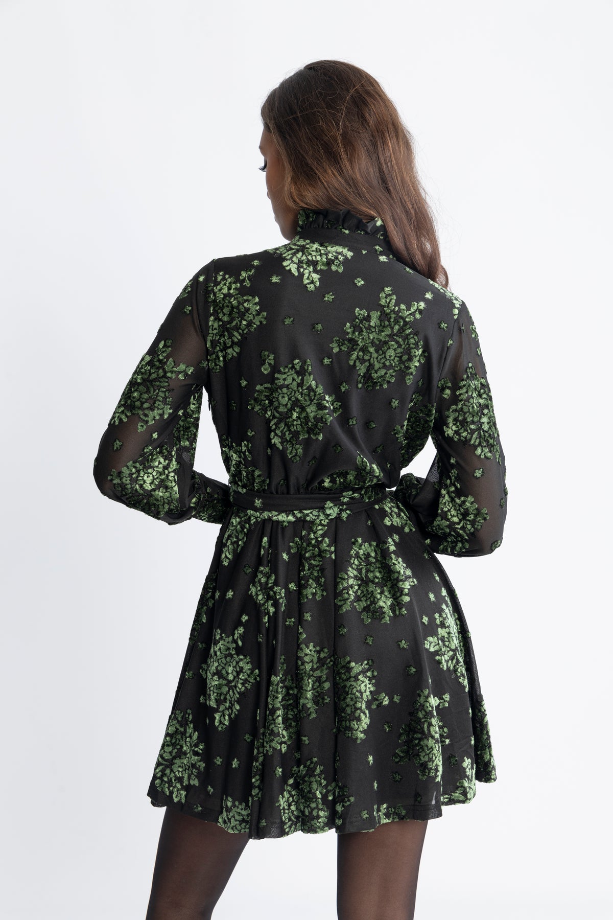Saga Velvet Flower Dress - Green Winter Velvet