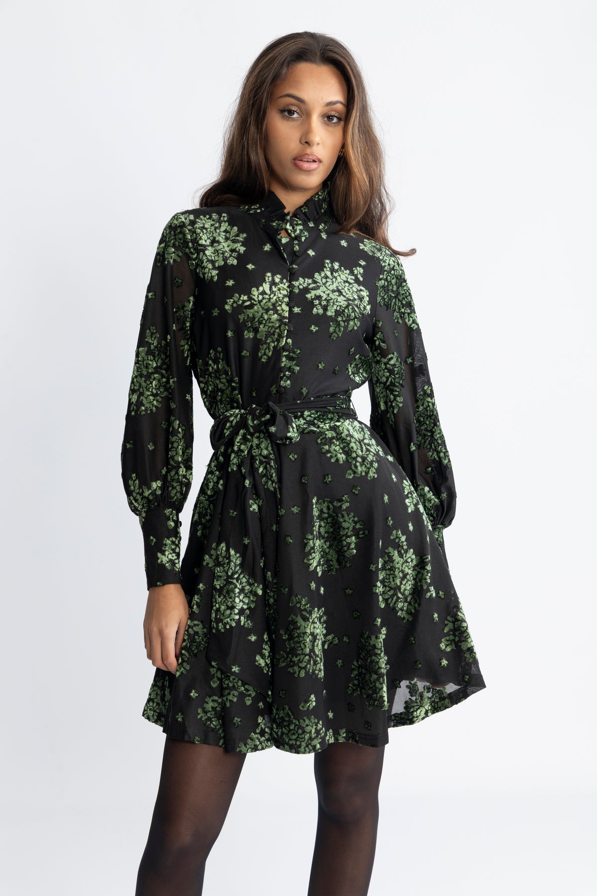 Saga Velvet Flower Dress - Green Winter Velvet
