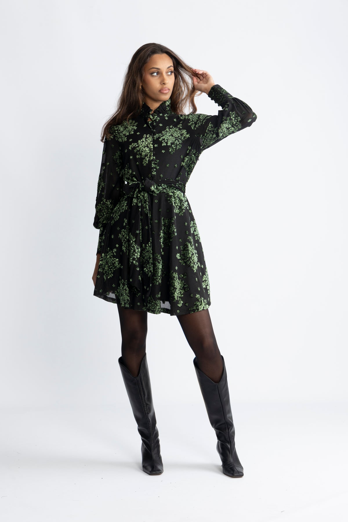 Saga Velvet Flower Dress - Green Winter Velvet