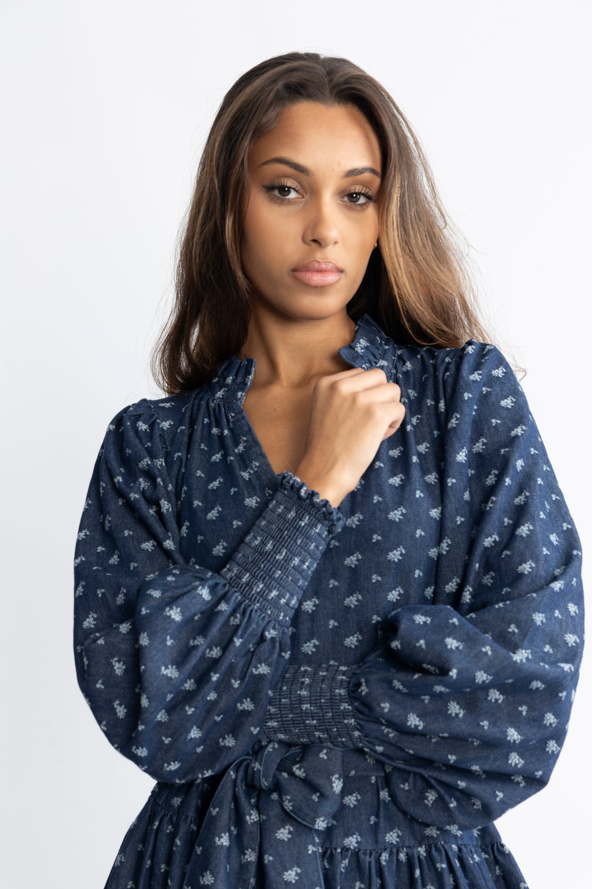 Delphine Denim Flower Dress - Navy