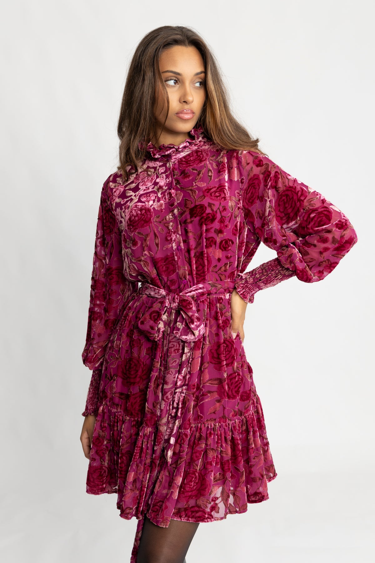 Saga Wide Velvet Dress - Dark Pink