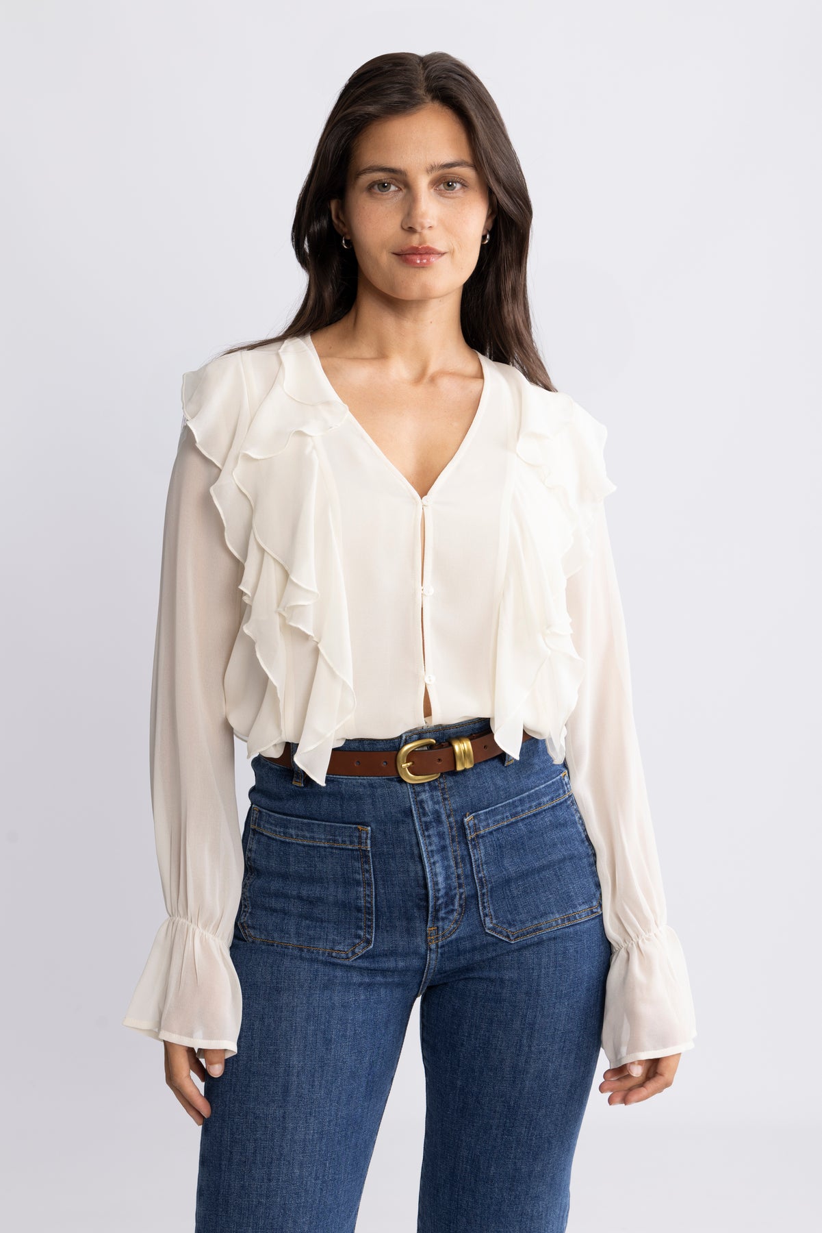 Hellvi Ruffle Chiffon Blus - Creme